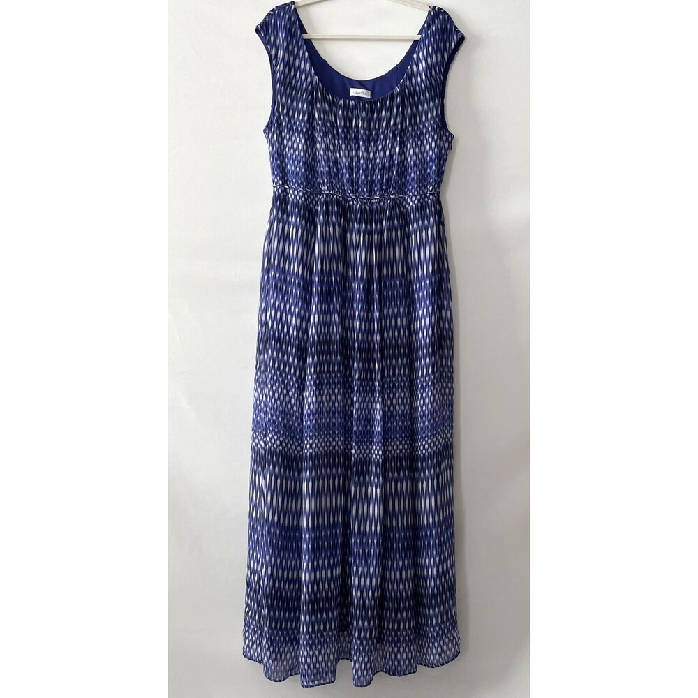 Calvin Klein Maxi Dress Sleeveless Blue White Print Lined Size 14-mpv